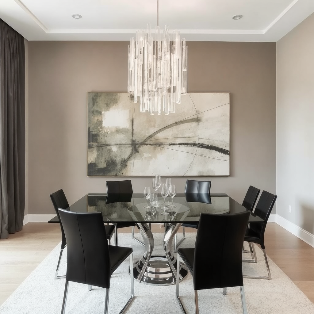 A contemporary dining room with a glass-topped table