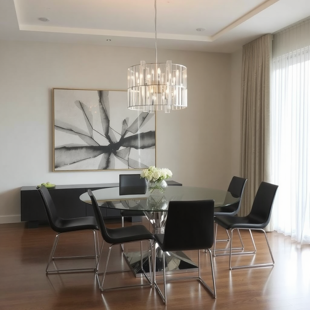 A contemporary dining room with a glass-topped table