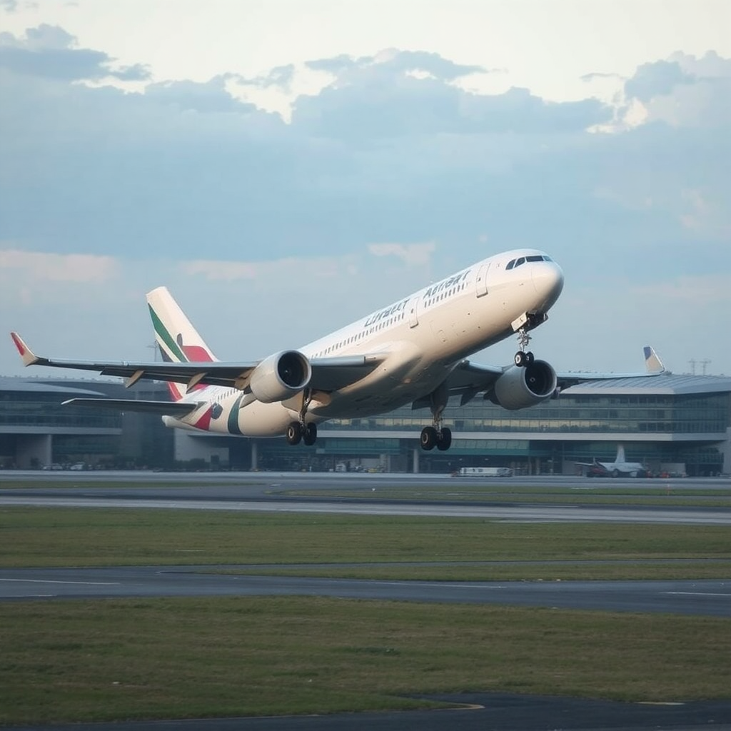 An airplane taking off from the runway