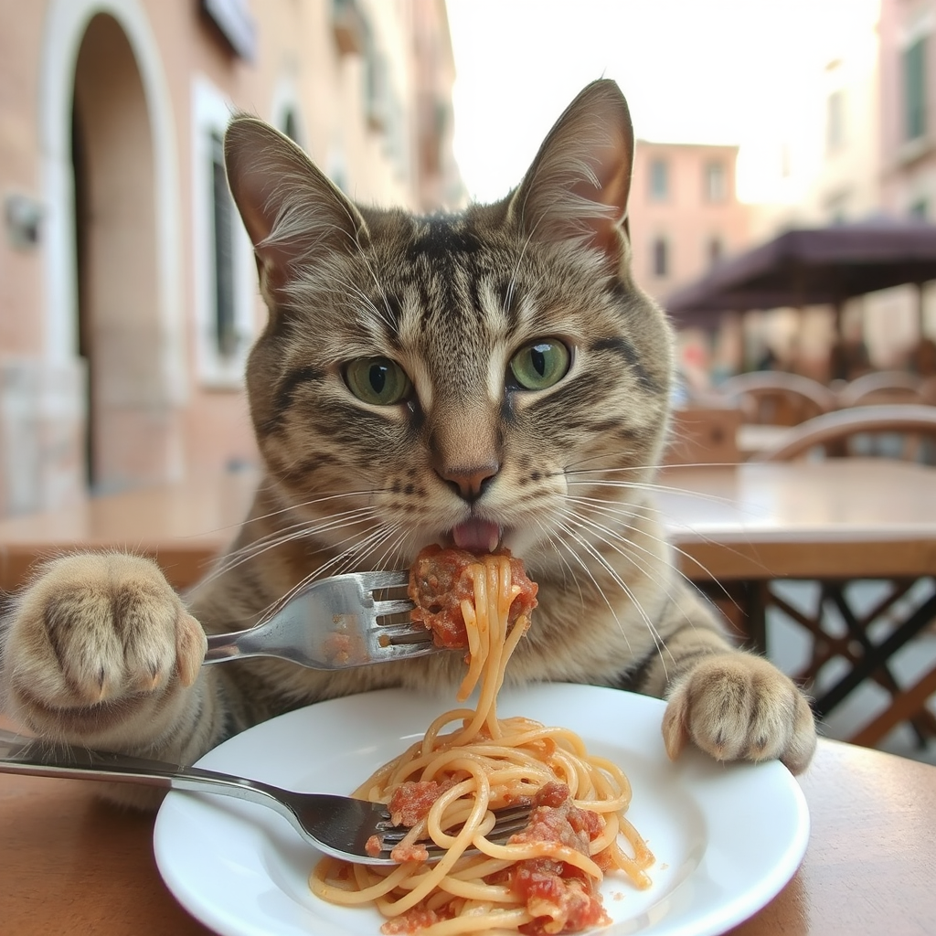 Cat eating spaghetti