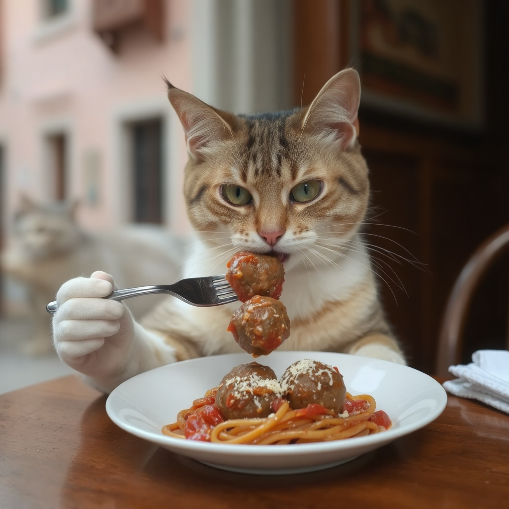 Cat eating spaghetti