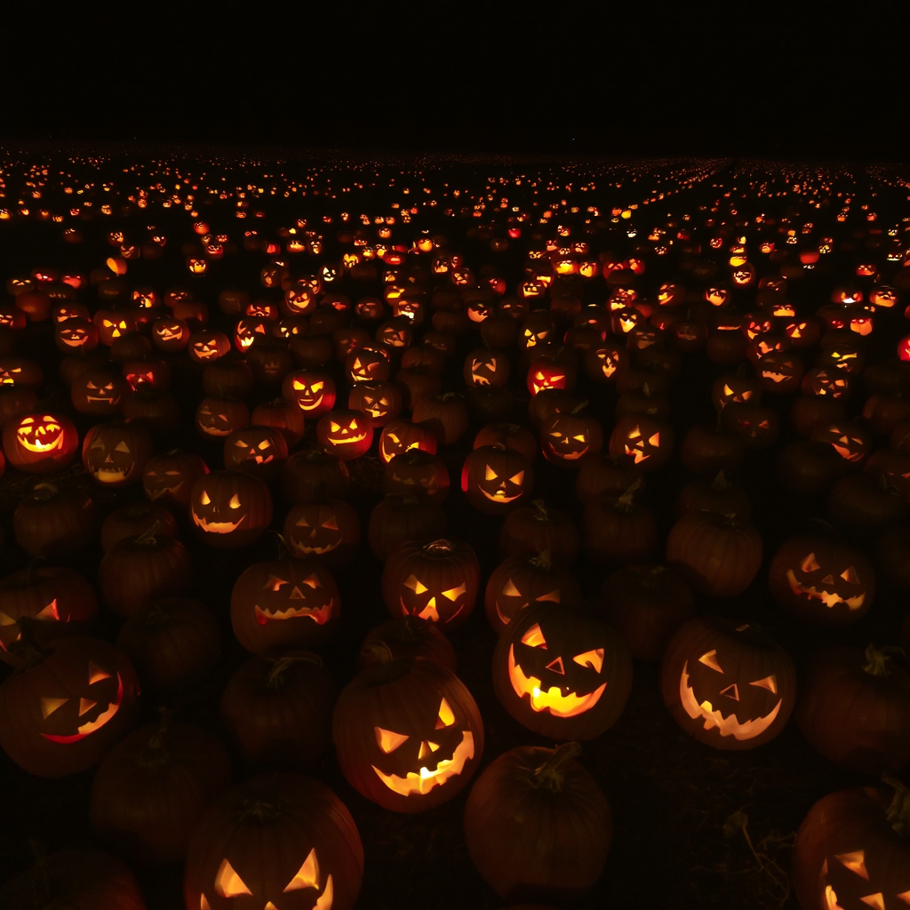 A dimly lit pumpkin patch