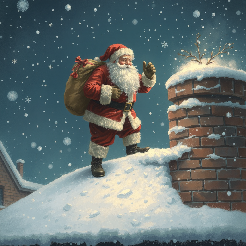 Santa Claus standing on a snowy rooftop