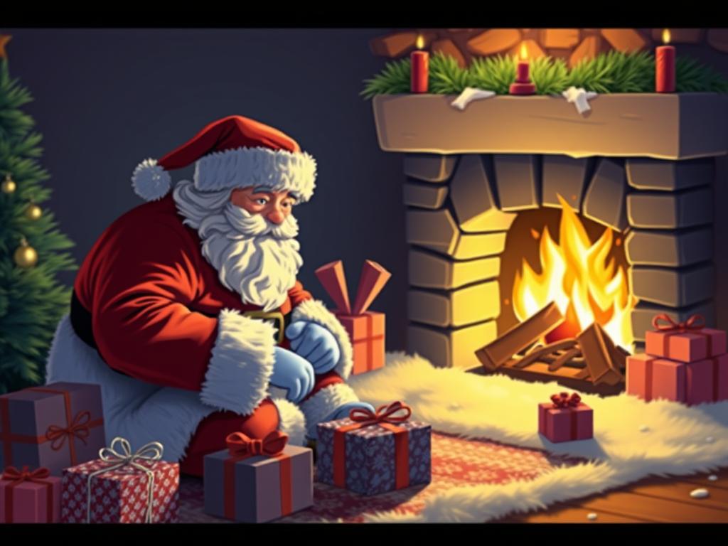 Santa Claus lays out presents by the fireplace