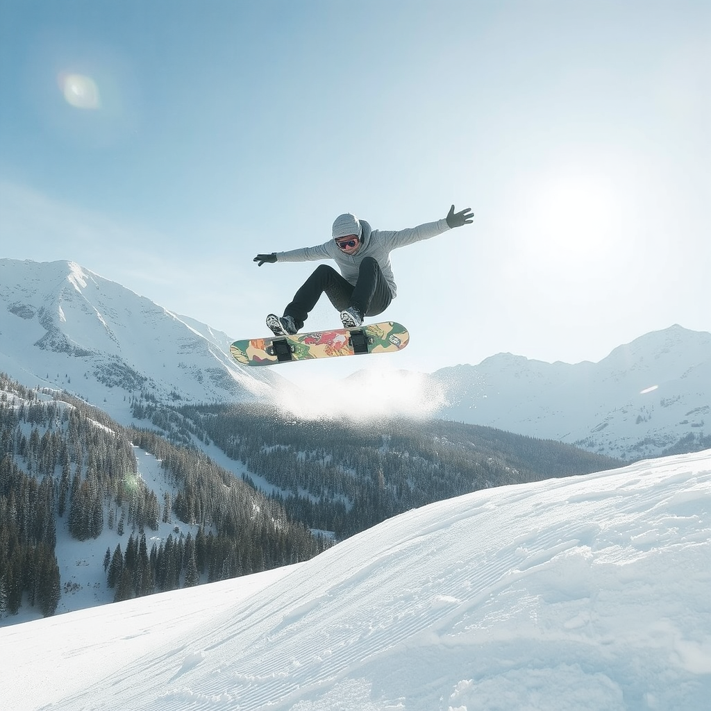 A snowboarder soaring through the air after launching off a jump, performing a trick against a backdrop of snowy mountains. The snow sprays beneath their board as they twist in mid-air, the sun glistening off the icy slopes.