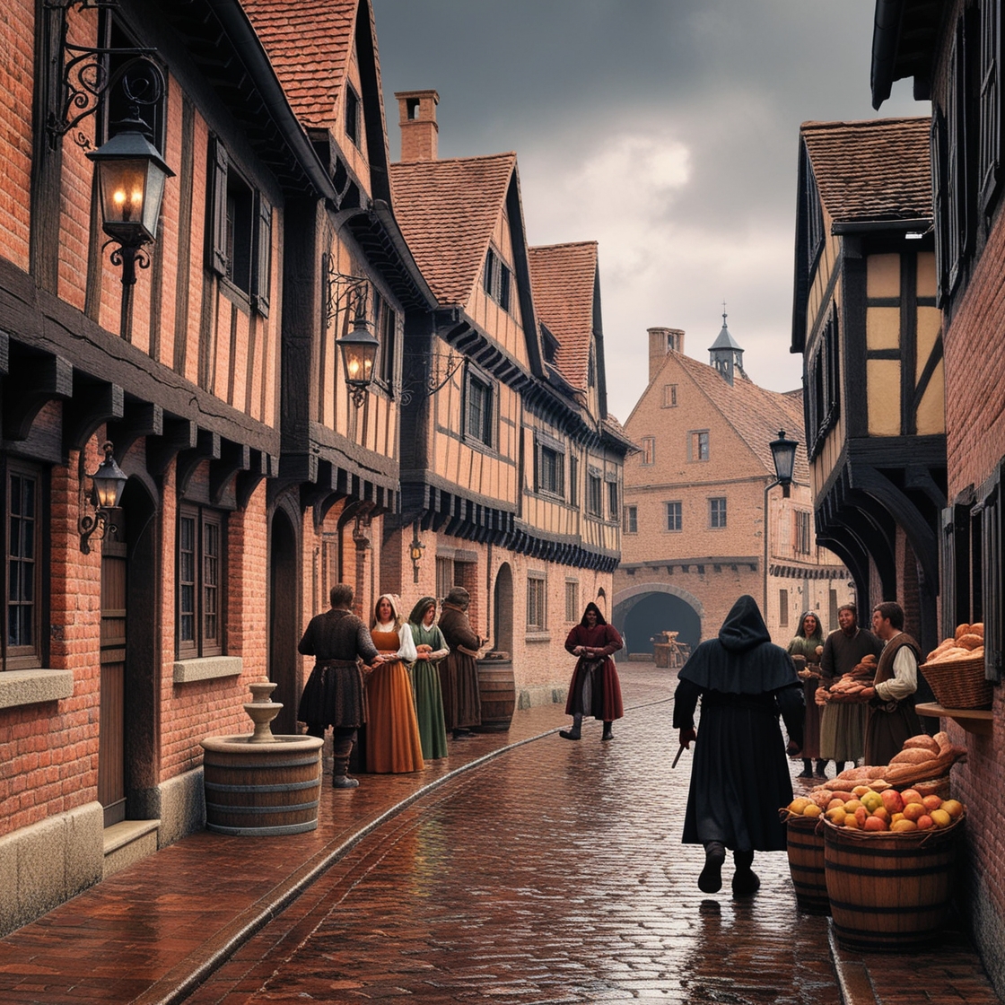 A narrow, winding street in a 14th century European town