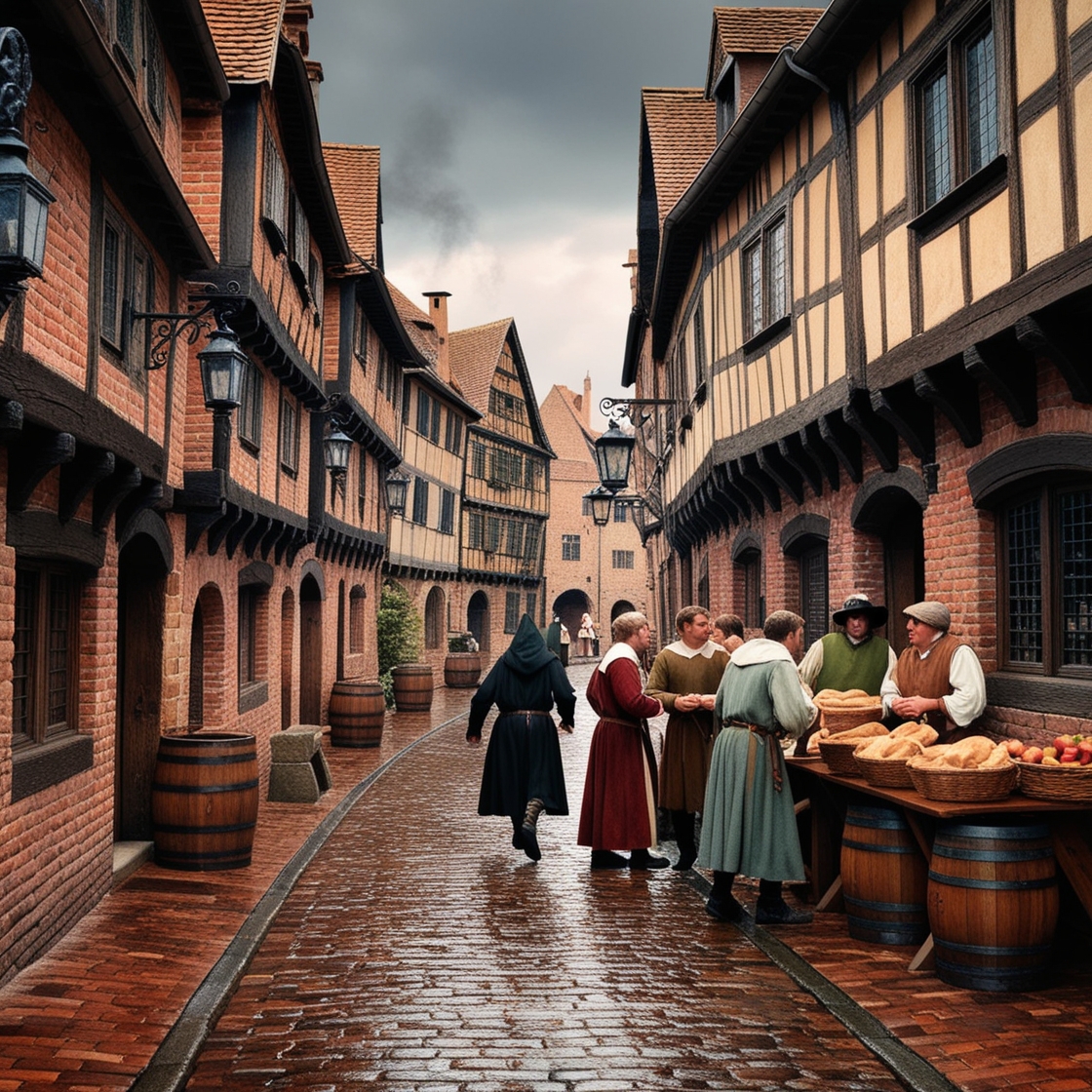 A narrow, winding street in a 14th century European town