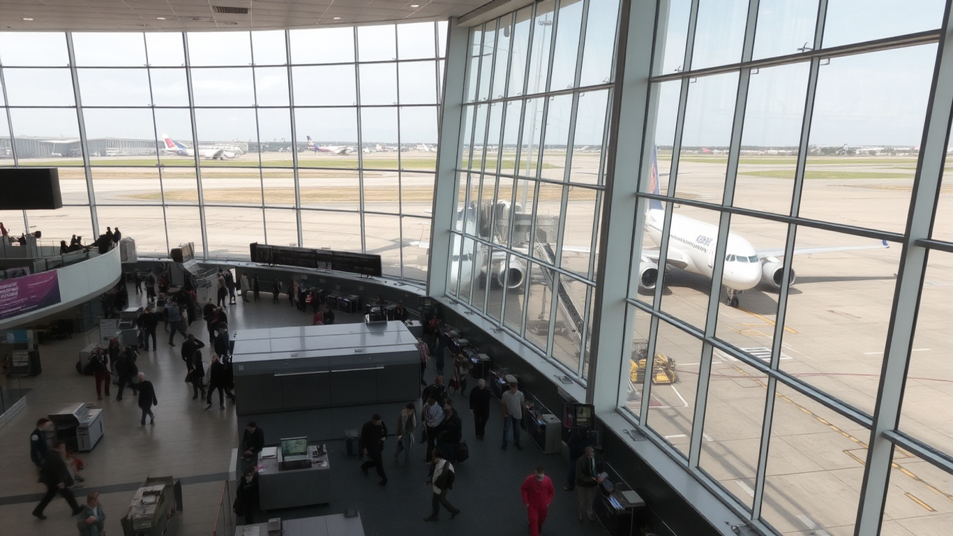 A busy airport terminal with planes