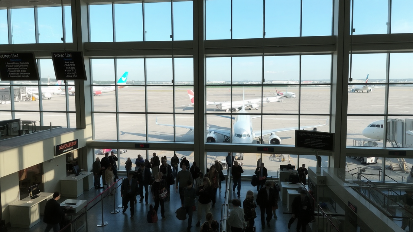 A busy airport terminal with planes