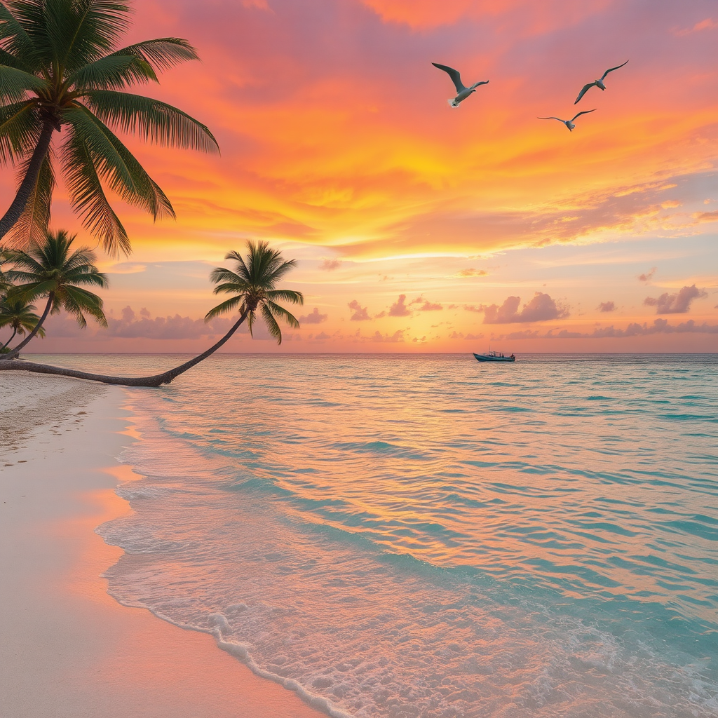 A tropical beach at sunset