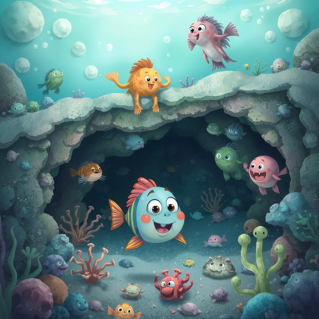 A whimsical underwater cartoon kingdom