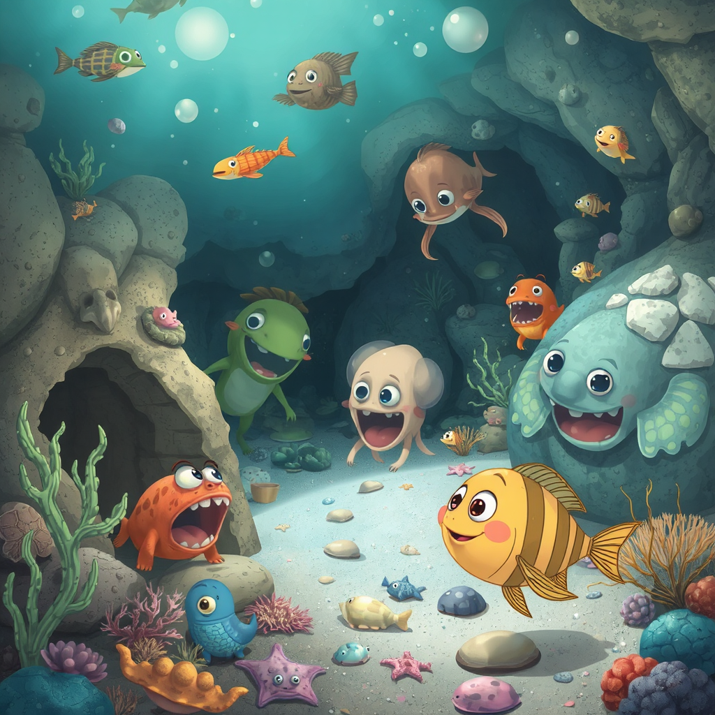 A whimsical underwater cartoon kingdom